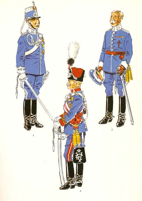 n&ordm; 01 - Coronel de Cazadores, media gala en formaci&oacute;n,1909-22. n&ordm; 02 - General de brigada de Cazadores en uniforme de diario. 1909-22. n&ordm; 03 - General de divisi&oacute;n, con el uniforme de gala del Regimiento Victoria Eugenia 1911-26.