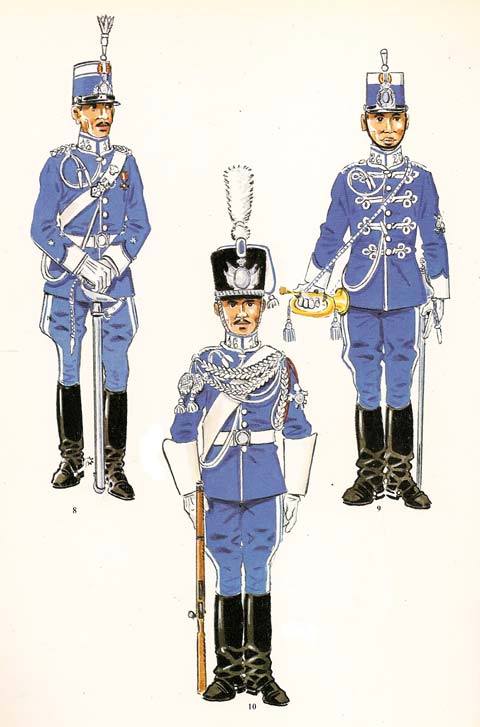n&ordm; 08 - Teniente de cazadores, de gala, 1909-22. n&ordm; 09 - Trompeta de cazadores de media gala, 1909-22. n&ordm; 10 - Batidor de cazadores de gala, 1909-22.