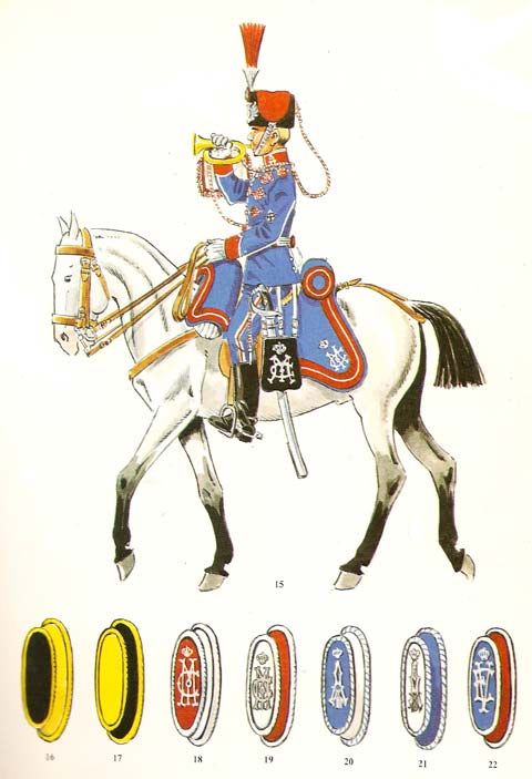 n&ordm; 15 - Trompeta del Regimiento M&ordf; Cristina, de gala 1909-31. n&ordm; 16 - "Galleta " del Regimiento Lusitania. n&ordm; 17 - Idem de los trompetas. n&ordm; 18 - "Galleta "del Regimiento M&ordf; Cristina. n&ordm; 19 - Idem de los trompetas. n&ordm; 20 - "Galleta" del Regfimiento Alfonso XIII. n&ordm; 21 - Idem de los trompetas. n&ordm; 22 - "Galleta "del Regimiento Victoria Eugenia.