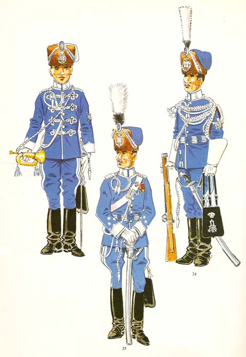 n&ordm; 23 - Trompeta del Regimiento Alfonso XIII, de media gala, 1909-22. n&ordm; 24 - Batidor del Regimiento Alfonso XIII, de gala ,1909-1922. n&ordm; 25 - Capitan del Regimiento Alfonso XIII, de gala en formaci&oacute;n. 