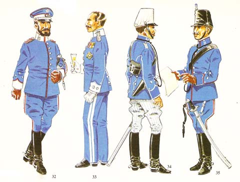n&ordm; 32 - Capitan del Regimiento M&ordf; Cristina de paseo para diario, 1909-22. n&ordm; 33 - Coronel de cazadores en uniforme para actos sociales, 1909-22. n&ordm; 34 - Teniente de cazadores en uniforme de diario, 1909-14. n&ordm; 35 - Capitan de cazadores en invierno, 1909-22. 