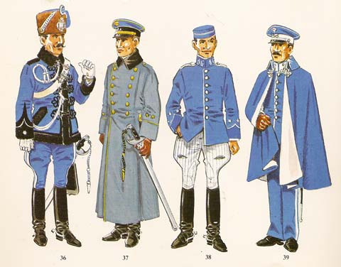 n&ordm; 36 - Comandante del Regimiento Alfonso XIII, de media gala ,con pelliza, 1909-22. n&ordm; 37 - Teniente del Regimiento Lusitania ,de paseo para diario con capote, 1909-26. n&ordm; 38 - Teniente de cazadores en uniforme de cuartel, 1909-14. n&ordm; 39 - Oficial de cazadores, de diario fuera de actos de servicio con capota, 1909-22. 