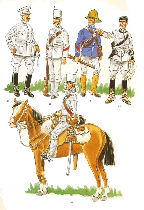 n&ordm; 40 - Capitan de cazadores del Rgto. Alcantara en uniforme de diario en verano. 1911-14. n&ordm; 41 - Cabo de cazadores del Rgto. Alcantara en unf. de formaci&oacute;n de diario en verano.1909-14. n&ordm; 42 - Cabo de cazadores en campa&ntilde;a, Africa 1909-11. n&ordm; 43 - Oficial del Rgto. Lusitania en uniforme de campa&ntilde;a en Africa 1911-14. n&ordm; 44 - Cabo de cazadores en uniforme de campa&ntilde;a y maniobras en verano 1909-14. 