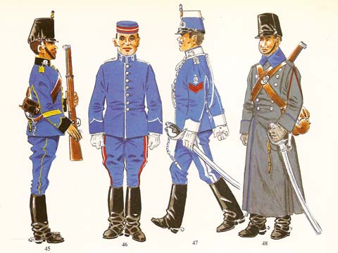 n&ordm; 45 - Cabo del Rgto. Lusitania en formaci&oacute;n de diario 1909-22. n&ordm; 46 - Recluta del Rgto. Victoria Eugenia en uniforme de jura, 1909-22. n&ordm; 47 - Herrador de 2&ordm; de cazadores en uniforme de gala para paseo, 1909-22. n&ordm; 48 - Cazador de 1&ordm; en uniforme de servicio de armas con capote, 1909.