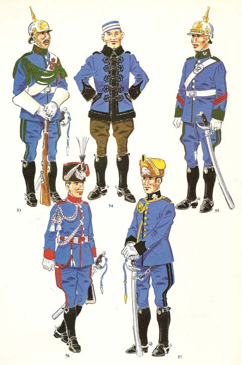 n&ordm; 53 - Batidor de cazadores del Rgto. Calatrava, de gala en formaci&oacute;n. 1922-26. n&ordm; 54 - Cazador del Rgto. M&ordf; Cristina en uniforme de diario. 1914-31. n&ordm; 55 - Cabo de cazadores de gala en formaci&oacute;n.1922-26. n&ordm; 56 - Cazador del Rgto. M&ordf; Cristina de gala. 1922-31. n&ordm; 57 - Cazador del Rgto. Lusitania de media gala. 1922-26. 