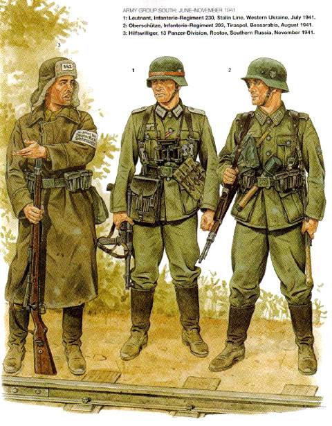 Frente sur Izquierda: Un voluntario ruso en la wehrmacht, lleva uniforme ruso, equipo aleman y un brazalete identificativo para evitar "fuego amigo". Centro: teniente, lleva la caracteristica mp40, portamapas y prismaticos, todo equipo de oficial y suboficial. Derecha: soldado de primera, lleva guerrera m40 y el equipo basico.