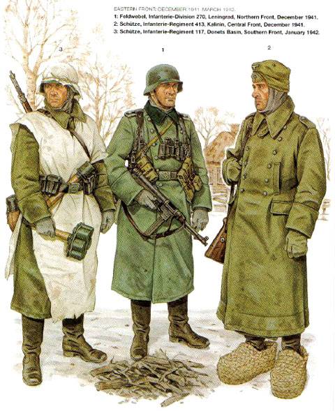 Invierno 1941. Izquierda: genial ejemplo de camuflaje invernal mediante una sabana rasgada, lleva una granada de varias cabezas (carga de demolicion). Centro: feldwebel con el equipo basico de suboficial. Derecha: soldado con sobrebotas de mimbre para el invierno.