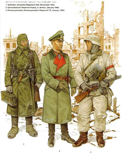 Stalingrado (1942). izquierda: cabo, con limitada proteccion invernal, ha reforzado sus botas. centro: general Paulus con ropa invernal. derecha: panzergrenadier en enero 1943, lleva una ppsh capturada y pala lista para cavar un hoyo, notese la parka de invierno y los pantalones de invierno blancos. 
