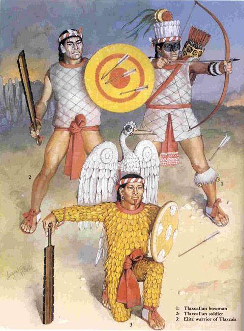 1. Arquero tlaxcalteca. 2. Soldado tlaxcalteca. 3. Guerrero de Elite tlaxcalteca. 