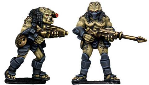 Figuras a escala de 28 mm de la casa de miniaturas SF Copplestone & GZG, representado a un grupo de asalto de la pelicula depredador. 