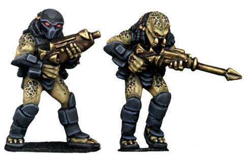 Figuras a escala de 28 mm de la casa de miniaturas SF Copplestone & GZG, representado a un grupo de asalto de la pelicula depredador. 