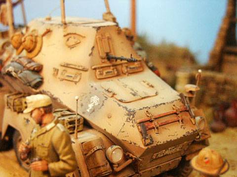 Diorama a escala 1/35 que representa a un grupo de soldados del Dak en el norte de Africa, descansando y reponiendo fuerzas en un Oasis.