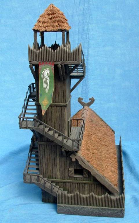 Impresionante construccion de una casa fortaleza con una atalaya muy alta adosada en Rohan. 