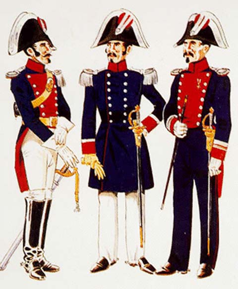 Uniformes Fundacionales. Jefes y Oficiales 1844-1854  Subteniente de caballer&iacute;a Gran Gala (1844&ndash;54) Capit&aacute;n en Uniforme de diario en verano para paseo (1844&ndash;54) Teniente Coronel en Uniforme de Gala pie a tierra en invierno (1844&ndash;54)