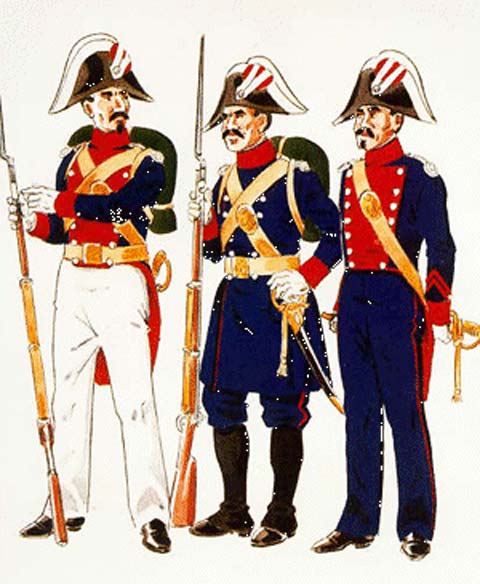 Guardia en Uniforme de Gala en formaci&oacute;n en verano (1844 &ndash; 54) Guardia en Uniforme de Servicio en despoblado (1850 &ndash; 54) Cabo en Uniforme de Gala para paseo (1844 &ndash; 54)