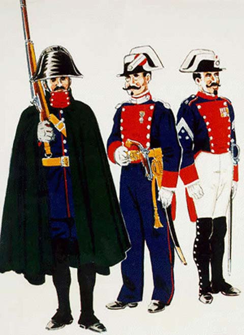 Guardia de Infanter&iacute;a con Uniforme de Servicio en despoblado (1856) Guardia Civil Veterana (1859&ndash;70) Capit&aacute;n en Uniforme de Gran Gala (1860)