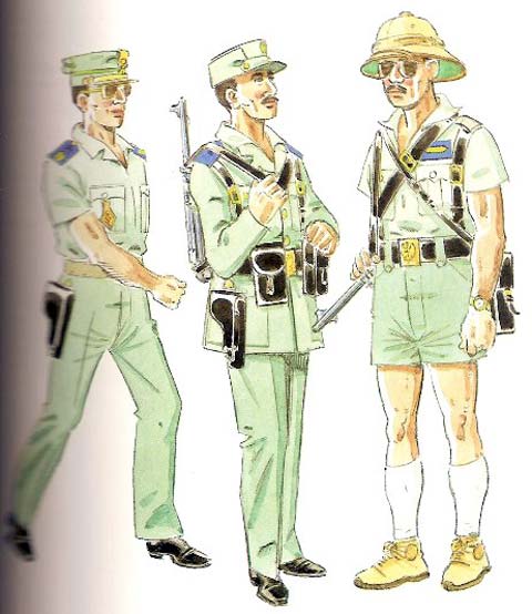 UNIFORMES DE LAS COMPA&Ntilde;IAS MOVILES DE GUINEA (1960-69)   Brigada en uniforme de paseo para diario (1960-69) Guardia en Uniforme de servicio nocturno Cabo 1&ordm; en uniforme de servicio en despoblado