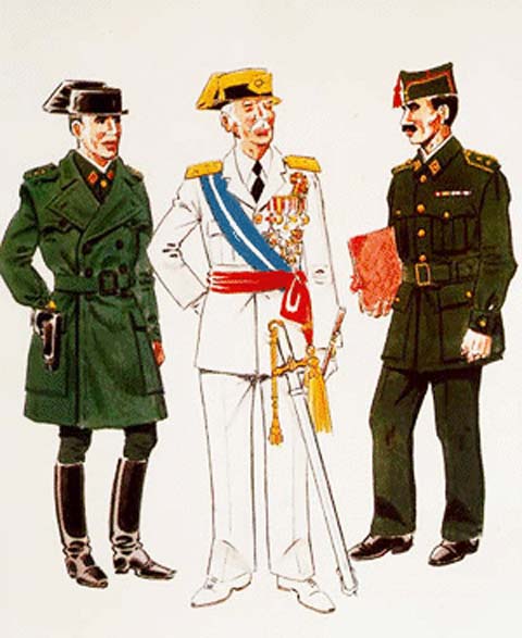 Capitan con uniforme de diario y chaquet&oacute;n impermeable &frac34; (1957&ndash;58) General con uniforme de gala en verano (1951&ndash;53) Teniente con uniforme de cuartel (1957)