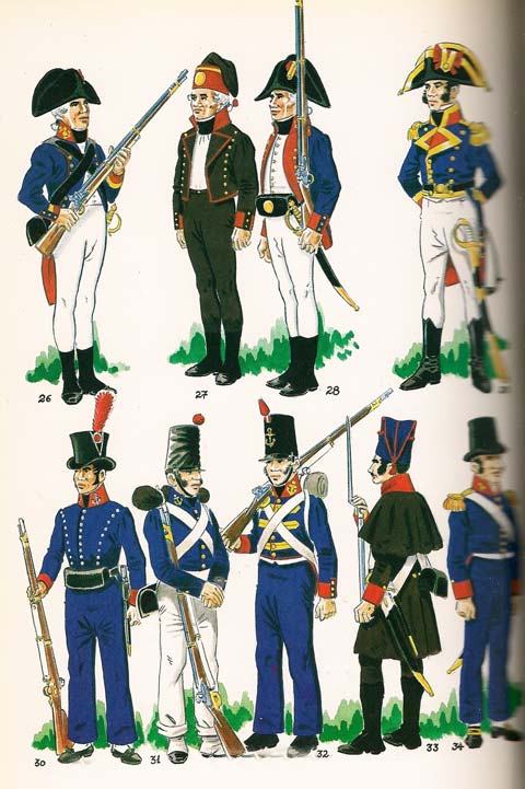 Fig. n&ordm; 026 - CABO 2&ordm; DE LAS BRIGADAS. 1802. Fig  n&ordm; 027 - ARTILLERO EN TRAJE DE A BORDO.1802. Fig. n&ordm; 028 - SOLDADO DE LOS BATALLONES DE MARINA.1802. Fig. n&ordm; 029 - OFICIAL EN UNIFORME DE DIARIO. 1802, Fig. n&ordm; 030 - SOLDADO VOLUNTARIO DE LA INFANTERIA DE MARINA DEL RIO DE LA PLATA. Fig. n&ordm; 031 - FUSILEROS DE LOS  REGIMIENTOS EXPEDICIONARIOS. 1809. Fig. n&ordm; 032 - FUSILERO DE LOS REGIMIENTOS EXPEDICIONARIOS, 1813. Fig. n&ordm; 033 - SOLDADO DE INFANTERIA CON EL UNIFORME DE A BORDO.1809 Fig. n&ordm; 034 - CONDESTABLE, 1&ordm; DEL DEPARTAMENTO DE CARTAGENA.1813
