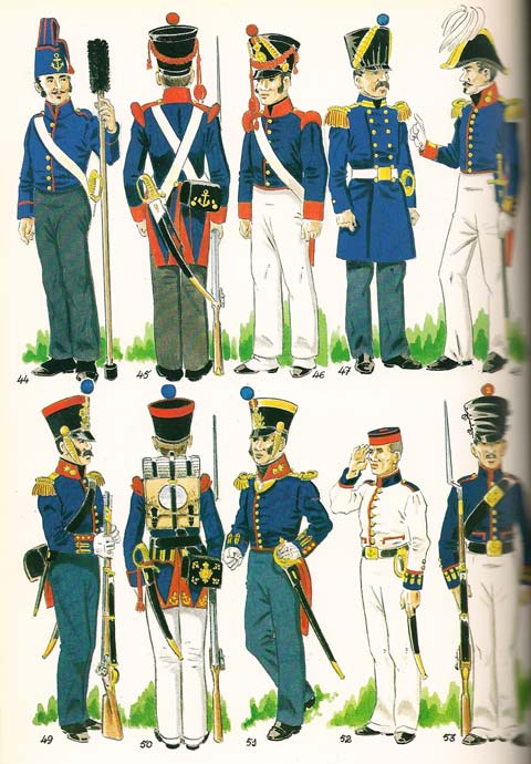 Fig. n&ordm; 044 - ARTILLERO DE LAS BRIGADAS EN UNIFORME DE FAENA.1823. Fig. n&ordm; 045 - ARTILLERO EN UNIFORME DE PARADA EN INVIERNO .1823. Fig. n&ordm; 046 - ARTILLERO EN UNIFORME DE PASEO EN VERANO. 1823. Fig. n&ordm; 047 - CONDESTABLE CON UNIFORME PARA TIEMPO FRIO.1827. Fig. n&ordm; 048 - CAPITAN DEL ESTADO MAYOR DE LA BRIGADA REAL DE MARINA EN UNIFORME DE VERANO,1827. Fig. n&ordm; 049 - SARGENTO DE LA BRIGADA REAL DE MARINA EN UNIFORME DE GALA EN FORMACI&Oacute;N. 1827-33. Fig. n&ordm; 050 - SOLDADO DE LA BRIGADA REAL DE MARINA EN UNIFORME DE GALA EN FORMACI&Oacute;N DE VERANO. 1827-33. Fig. n&ordm; 051 - OFICIAL (TENIENTE) DE LA BRIGADA REAL DE MARINA. 1827-33. Fig. n&ordm; 052 y 053 - SOLDADOS DE ARTILLERIA. 1847.