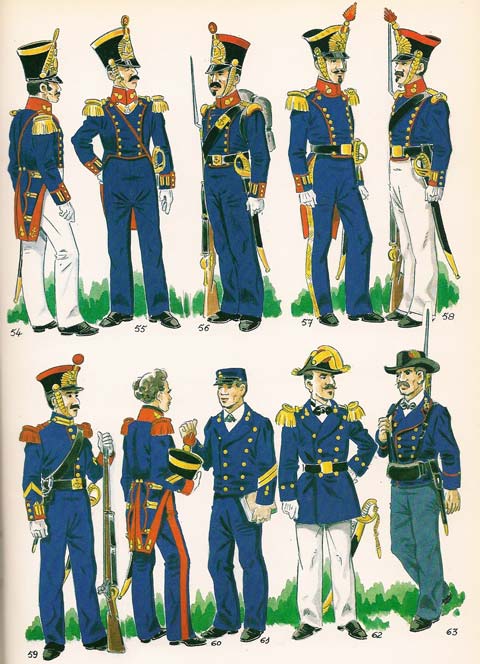 Fig. n&ordm; 054 y 055 - Oficiales del Cuerpo de Artilleria de Marina,1846 Fig. n&ordm; 056 - Artillero en uniforme de gala en formaci&oacute;n en invierno,1846. Fig. n&ordm; 057 - Oficial del Cuerpo de Artilleria de Marina de gala.1856. Fig. n&ordm; 058 - Artillero en uniforme de gala en formaci&oacute;n de verano . 1858. Fig. n&ordm; 059 - Cabo 2&ordm; de los Batallones del Real Cuerpo de Infanteria de Marina. 1848. Fig. n&ordm; 060 - Escuela de Condestables ,Alumno de gala 1845. Fig. n&ordm; 061 - Escuela de  Condestables, alumno con el uniforme de diario en el interior de la escuela. 1860. Fig. n&ordm; 062 - Capitan del Estado Mayor de Artilleria de Marina , con el uniforme de media gala para verano. 1859. Fig. n&ordm; 063 - Guardia de Arsenales en uniforme de servicio. 1848