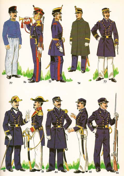 Fig. n&ordm; 073 - Soldado de los Batallones  en uniforme de faena.1857. Fig. n&ordm; 074 - Corneta en uniforme de gala, 1857-61. Fig. n&ordm; 075 - Sargento  1&ordm; en uniforme de diario, fuera de formaci&oacute;n . Fig. n&ordm; 076 - Oficial con abrigo . 1857. Fig. n&ordm; 077 - Teniente del Estado Mayor de la Artilleria de Marina en uniforme de diario en verano.1862. Fig. n&ordm; 078 - Teniente Coronel del Cuerpo de Artilleria de Marina en uniforme de media gala en invierno.1862. Fig. n&ordm; 079 - Capitan del Estado Mayor de Artilleria en uniforme de gala para verano.1862. Fig. n&ordm; 080 - Primer Condestable graduado de oficial de gala ;Cuerpo de Condestables de la Armada. 1862 Fig. n&ordm; 081 - Condestable con el uniforme para todo servicio de armas y faena en verano.1862. Fig. n&ordm; 082 - Artillero alumno con el uniforme para servicio de armas .1862.
