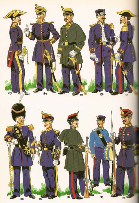  Fig. n&ordm; 083 - Coronel de las "MEDIAS BRIGADAS " de Infanteria de Marina, con el uniforme de gala para actos fuera de sevicio, 1862. Fig. n&ordm; 084 - Teniente Coronel de las "MEDIAS BRIGADAS" de infanteria de Marina con el uniforme de gala en formaci&oacute;n. 1862. Fig. n&ordm; 085 - Teniente delas "MEDIAS  BRIGADAS "de infanteria con el uniforme de servicio de armas para diario en tiempo frio. 1862. Fig. n&ordm; 086 - Subteniente de las "MEDIAS BRIGADAS" de infanteria en uniforme de diario fuera de servicio.1862 Fig. n&ordm; 087 - Capitan de las "MEDIAS BRIGADAS"en uniforme de paseo para diario. Fig. n&ordm; 088 - Tambor Mayor de las !MEDIAS BRIGADAS" de infanteria  en uniforme de gala enformacion .1862. Fig. n&ordm; 089 - Musico de infanteria en uniforme de gala en formaci&oacute;n.1862. Fig. n&ordm; 090 - Cabo 1&ordm; de  las "MEDIAS BRIGADAS "de infanteria de marina  con el uniforme de marcha en invierno. 1862. Fig. n&ordm; 091 - Tambor en uniforme de cuartel. 1862. Fig. n&ordm; 092 - Cabo 2&ordm; de infanteria de marina en uniforme de gala en formaci&oacute;n.1862.