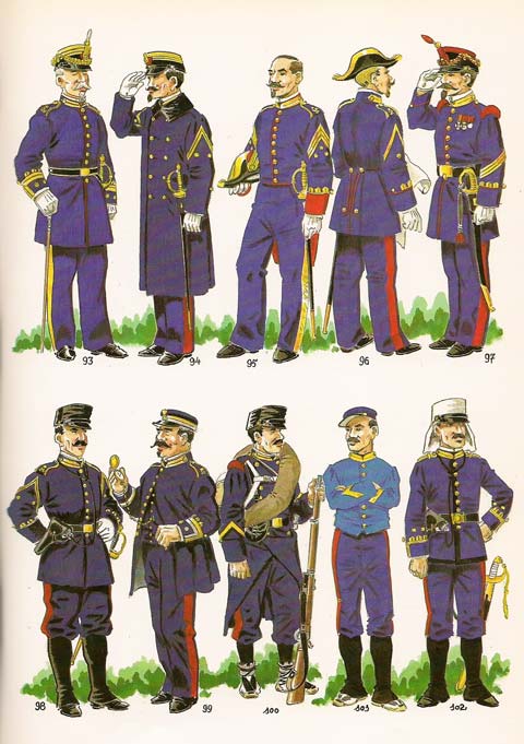 Fig. n&ordm; 093 - Teniente Coronel de los Regimientos de Infanteria de Marina, gala en formaci&oacute;n 1870. Fig. n&ordm; 094 - Teniente en uniforme de diario en invierno con abrigo.1870. Fig. n&ordm; 095 - Capitan en uniforme de gala fuera de formaci&oacute;n. 1870. Fig. n&ordm; 096 - Subteniente en uniforme de diario fuera de servicio. 1870. Fig. n&ordm; 097 - Sargento 1&ordm; en uniforme de gala .1870. Fig. n&ordm; 098 - Teniente en uniforme de campa&ntilde;a , 1874 -75. Fig. n&ordm; 099 - Comandante de los Regimientos de Marina en uniforme de cuartel y campamento. Fig. n&ordm; 100 - Cabo 2&ordm; de los Regimientos expedicionarios  en uniforme de marcha.1874-75. Fig. n&ordm; 101 - Cabo 2&ordm; de los Regimientos expedicionarios  en uniforme de cuartel y campamento. Fig. n&ordm; 102 - Teniente de los Regimientos de infanteria de marina en uniforme de servicio en verano. 1886. 