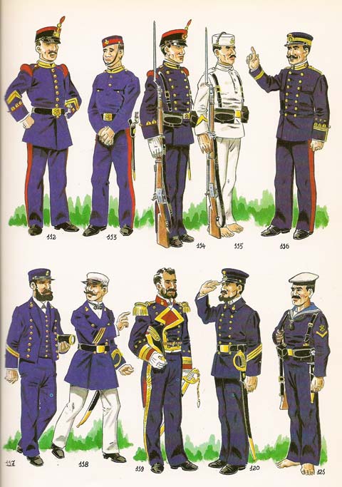 Fig. N&ordm; 112 - CABO 1&ordm; DE LA INFANTERIA DE MARINA EN UNIFORME DE GALA PARA PASEO,1887. Fig. N&ordm; 113 - SOLDADO DE INFANTERIA EN UNIFORME DE FAENA .1887-98. Fig. N&ordm; 114 - SOLDADO DE INFANTERIA DE GALA.1896..   Fig. N&ordm; 115 - CABO 2&ordm; EN UNIFORME DE SERVICIO DE ARMAS  A BORDO EN CLIMA CALIDO.1897-98. Fig. N&ordm; 116 - CAPITAN EN UNIFORME DE A BORDO. INVIERNO .1897-98. Fig. N&ordm; 117 - CONDESTABLE 2&ordm;  EN UNIFORME DE DIARIO A BORDO.1889. Fgi. N&ordm; 118 - CONDESTABLE 1&ordm; EN UNIFORME DE DIARIO EN VERANO .1889. Fig. N&ordm; 119 - CAPITAN DEL CUERPO DE ARTILLERIA DE LA ARMADA EN UNIFORME DE GALA, hacia 1897. Fig. N&ordm; 120 - CONDESTABLE 1&ordm; EN UNIFORME PARA SERVICIOS DE ARMAS A BORDO. 1897-98. Fig. N&ordm; 121 - CABO DE CA&Ntilde;ON EN UNIFORME DE SERVICIOS DE ARMAS A BORDO.