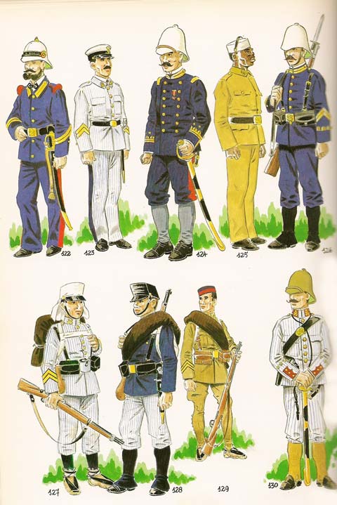Fig. N&ordm; 122 - SARGENTO 1&ordm; DE INFANTERIA DE MARINA EN FILIPINAS.1885. Fig. N&ordm; 123 - CABO 1&ordm; DE LAS COMPA&Ntilde;IAS DESTINADAS EN FERNANDO POO.1890. Fig. N&ordm; 124 - OFICIAL DE LAS COMPA&Ntilde;IAS DE FERNANDO POO.1901. Fig. N&ordm; 125 - SOLDADO DE COLOR DE LAS COMPA&Ntilde;IAS DE GUINEA .1906. Fig. N&ordm; 127 - CABO 1&ordm; DEL REGIMIENTO EXPEDICIONARIO , AFRICA. 1911 Fig. N&ordm; 128 - SOLDADO EN UNIFORME DE CAMPA&Ntilde;A Y MANIOBRAS EN LA PENINSULA .1911. Fig. N&ordm; 129 - CABO 1&ordm; DEL  REGIMIENTO EXPEDICIONARIO. 1916 AFRICA. Fig. N&ordm; 130 - CAPITAN DEL REGIMIENTO EXPEDICIONARIO.1911-13. AFRICA.,