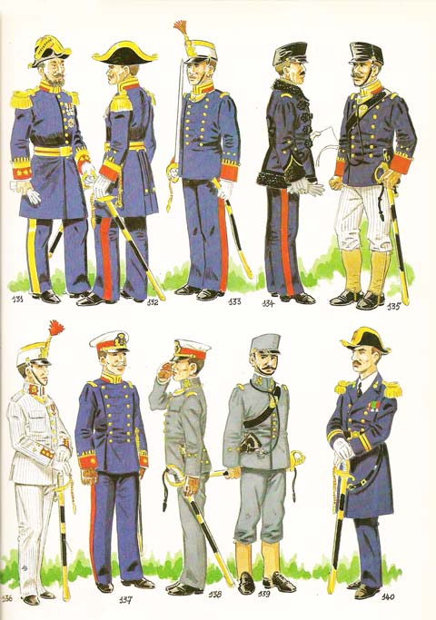 Fig. N&ordm; 131 - CORONEL DE INFANTERIA EN UNIFORME DE GALA FUERA DE FORMACI&Oacute;N.1909-31. Fig. n&ordm; 132 - CAPITAN EN UNIFORME DE MEDIA GALA  FUERA DE FORMACI&Oacute;N.1909-31 Fig. N&ordm; 133 - CAPITAN EN UNIFORME DE GALA EN FORMACI&Oacute;N.1909-31. Fig. N&ordm; 134 - CAPITAN EN UNIFORME DE DIARIO EN TIERRA CON PELLIZA.1900-1912 Fig. N&ordm; 135 - CAPITAN EN UNIFORME DE SERVICIO DE ARMAS.1909-1914. Fig. N&ordm; 136 - TENIENTE EN UNIFORME DE GALA EN FORMACI&Oacute;N DE VERANO.1913. Fig. N&ordm; 137 - COMANDANTE EN UNIFORME DE PASEO PARA DIARIO.1909-31. Fig. N&ordm; 138 - TENIENTE EN UNIFORME DE DIARIO EN VERANO.1909-15. Fig. N&ordm; 139 - TENIENTE EN UNIFORME DE CAMPA&Ntilde;A Y MANIOBRAS EN VERANO.1909-15. Fig. N&ordm; 140 - OFICIAL DEL CUERPO DE ARTILLERIA DE LA ARMADA EN UNIFORME DE MEDIA GALA.1909-31.