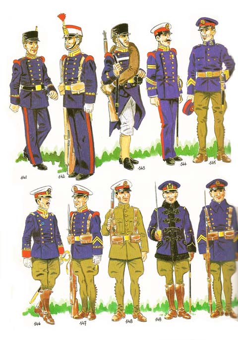Fig. N&ordm; 141 - SOLDADO EN UNIFORME DE PASEO PARA DIARIO .19091912. Fig. N&ordm; 142 - SOLDADO EN UNIFORME DE GALA EN FORMACI&Oacute;N.1913. Fig  N&ordm; 143 - SOLDADO EN UNIFORME DE CAMPA&Ntilde;A EN INVIERNO.1902-12. Fig. N&ordm; 144 - SARGENTO EN UNIFORME DE PASEO.1912-31. Fig. N&ordm; 145 - CABO 1&ordm; EN UNIFORME DE DIARIO 1915-31. Fig. N&ordm; 146 - OFICIAL EN UNIFORME DE PARADA PARA. MEDIA GALA.1922-31. Fig. N&ordm; 147 - CABO 1&ordm; EN UNIFORME DE PARADA PARA MEDIA GALA.1922. Fig. N&ordm; 148 - SOLDADO EN UNIFORME DE CAMPA&Ntilde;A Y MANIOBRAS.1922-31 Fig. N&ordm; 149 - OFICIAL EN UNIFORME DE FORMACI&Oacute;N DE DIARIO EN INVIERNO.1922- Fig  N&ordm; 150 - CABO 1&ordm; EN FORMACI&Oacute;N DE DIARIO DE INVIERNO.1923-31
