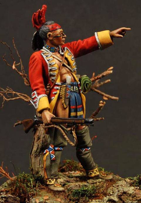 Figura de un guerrero Mohwak con pinturas de guerra durante la Guerra Franco India en 1759