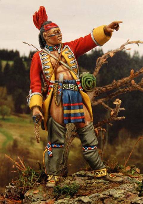 Figura de un guerrero Mohwak con pinturas de guerra durante la Guerra Franco India en 1759