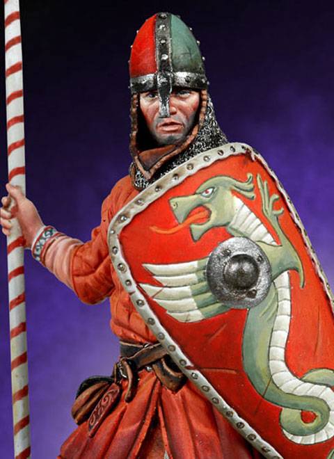 La vi&ntilde;eta representa a la figura de un Guerrero Normando durante la Batalla de Hastings en el a&ntilde;o 1066 dC. 
