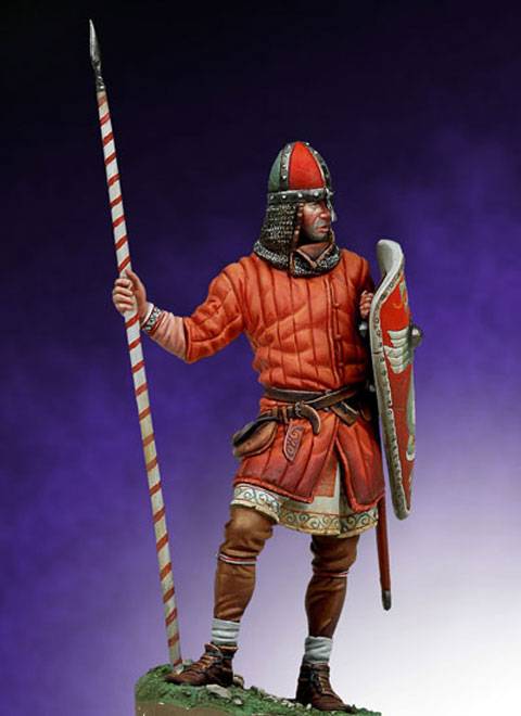 La vi&ntilde;eta representa a la figura de un Guerrero Normando durante la Batalla de Hastings en el a&ntilde;o 1066 dC. 