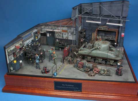 Impresionante diorama a escala 1/35 de un taller mec&aacute;nico militar reutilizado por los aliados durante la Segunda Guerra Mundial. 