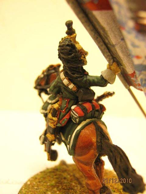 Vi&ntilde;eta a escala de 28mm representando a un Dragon del 4 Rgt frances robando una bandera prusiana