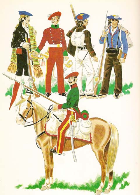 Fig.  N&ordm;1 - VOLUNTARIO DE LOS BATALLONES DE ARAGON. Fig.  N&ordm;2 - TROMPETE DE LA CABALLERIA DE ARAGON. Fig.  N&ordm;3 - BATALLONES DE ARAGON. Fig.  N&ordm;4 - GUIAS DE ARAGON. Fig.  N&ordm;5 - LANCERO DE LA CABALLERIA DE ARAG&Oacute;N.