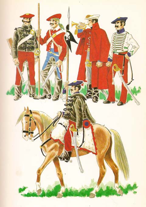 Fig. N&ordm;1 - HUSAR DE ONTORIA.1838-39 Fig. N&ordm;2 - LANCERO DE CABRERA. Fig. N&ordm;3 - TROMPETA DE LOS LANCEROS DE TORTOSA. Fig. N&ordm;4 - OFICIAL DE LOS HUSARES  DE ONTORIA. Fig. N&ordm;5 - HUSAR DE ONTORIA 1839-40.