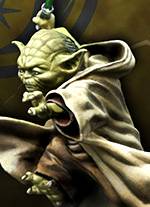 Maestro Yoda lanzandose al ataque con su sable laser